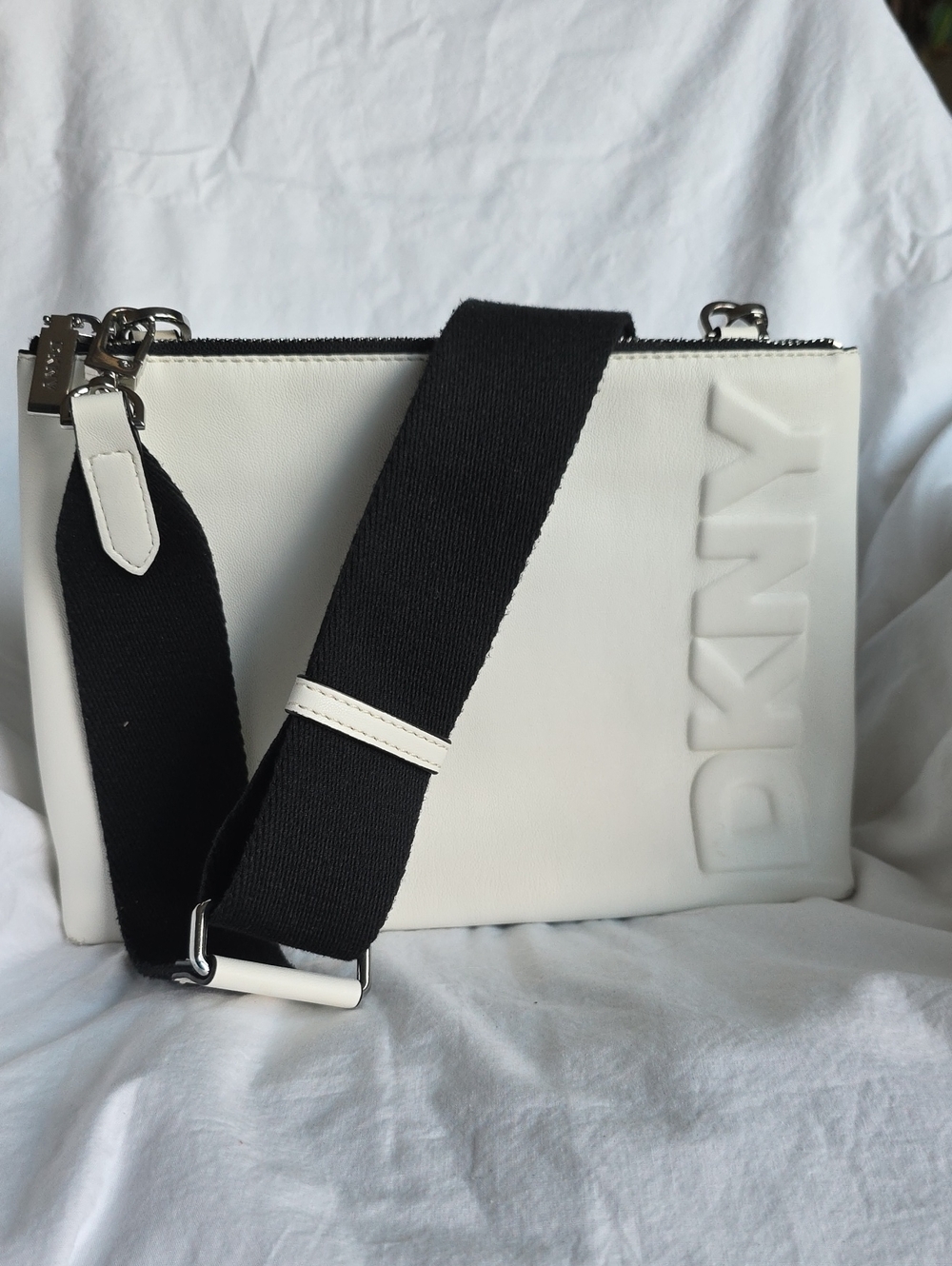DKNY Tinsley White Leather Crossbody with Wide Black Material Strap